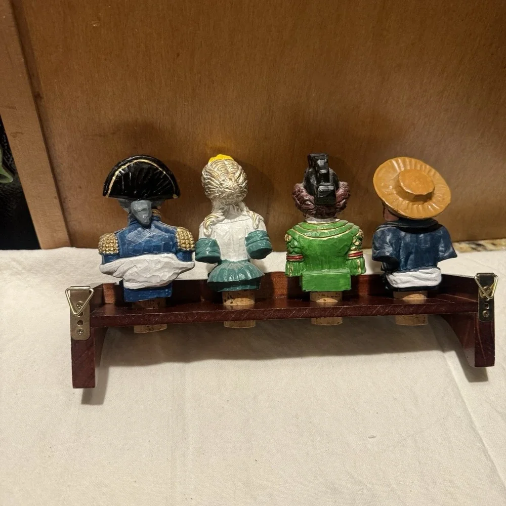Pusser's Rum Bottle Stoppers Set 4‎ Multi Nautical Busts with Wood Display Rack
